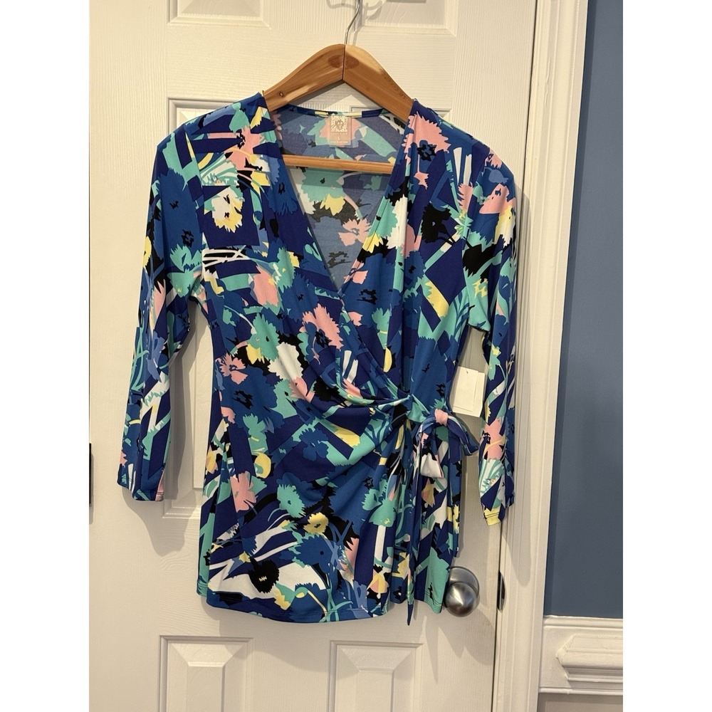 NWT Anne Klein Blouse L Floral Coastal Casual Spring Summer Office Blue Pink